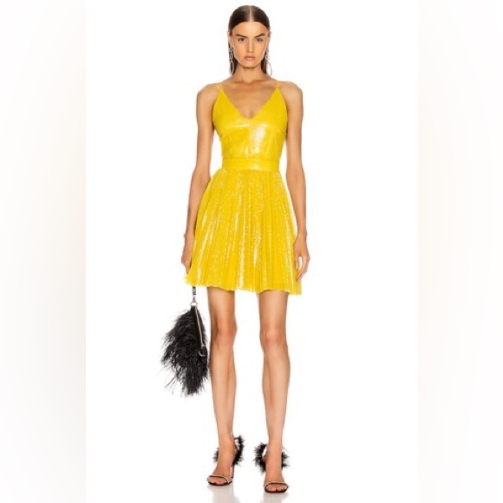 MSGM all over Yellow Sequin pleated skirt strap sleeve Dress us 10